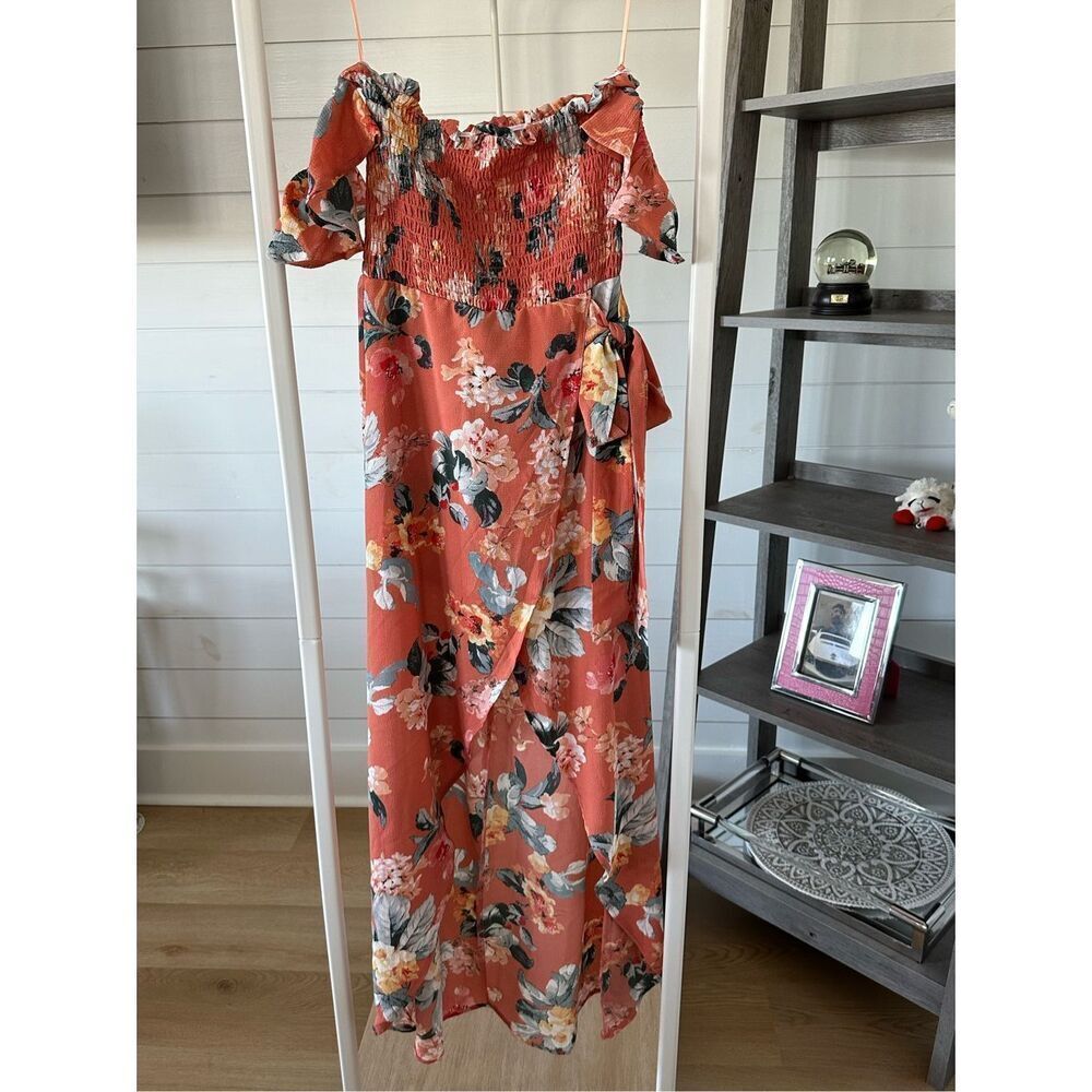 LoveTree flutter sleeve high/low maxi dress Womens S Coral Floral Cottagecore‎